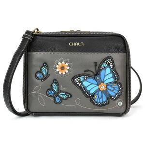 Chala Companion Organizer Crossbody Built-In Wallet - Blue Butterfly, Gray NWT